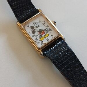 Disney Mickey Mouse Gold-Tone Watch with Black Strap